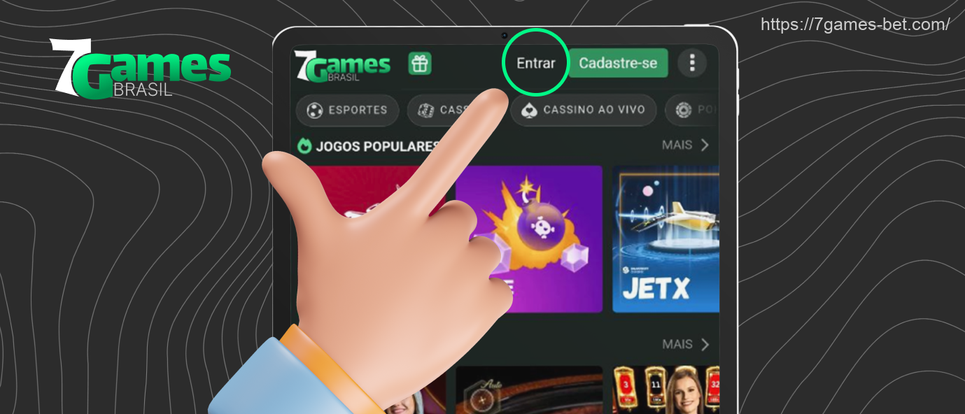 Os brasileiros precisam clicar no botão entrar para fazer login em sua conta 7Games