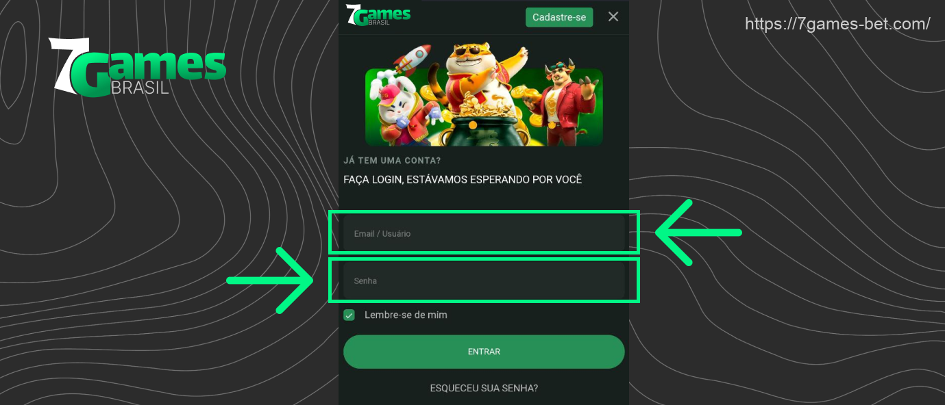 Para entrar em sua conta 7Games, os brasileiros precisam preencher um formulário com um nome de usuário e uma senha