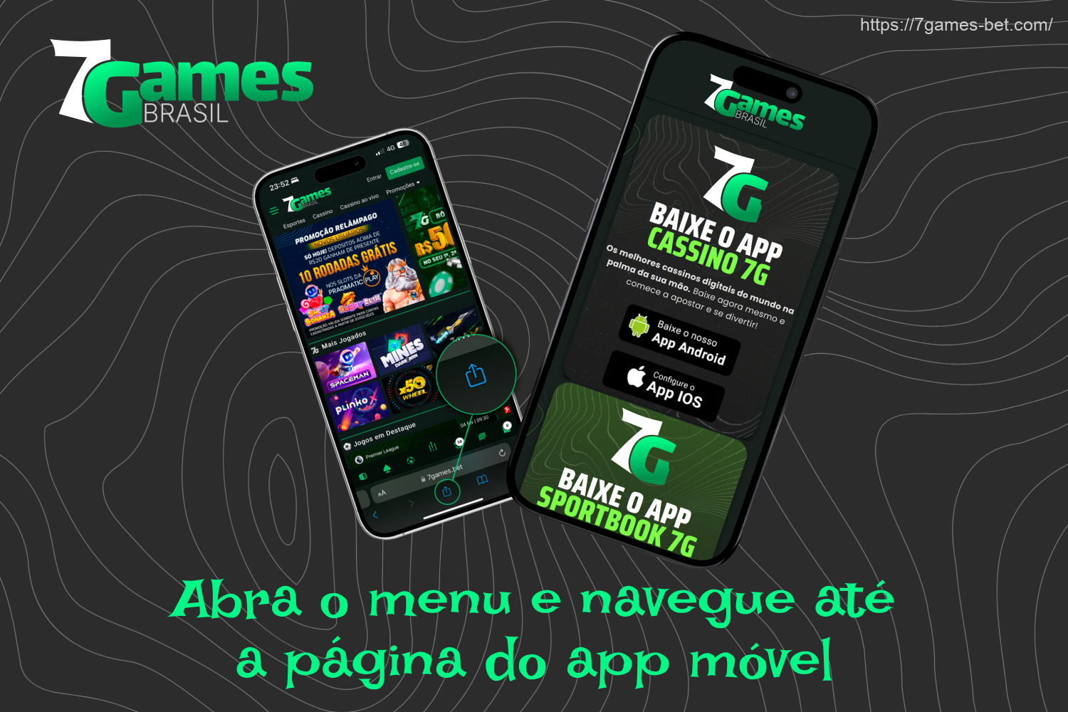 Aceder à página da aplicação móvel através do menu para descarregar a aplicação móvel 7Games para iOS